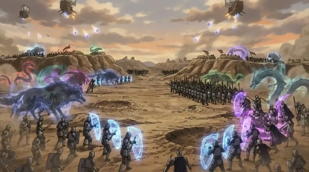 Nen Beasts fighting in tactical formations during a large-scale Hunter x Hunter battle