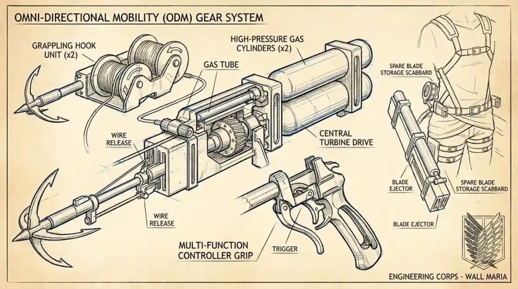 Detailed diagram of ODM Gear components including grappling hooks, gas cylinders, blades, and control systems.