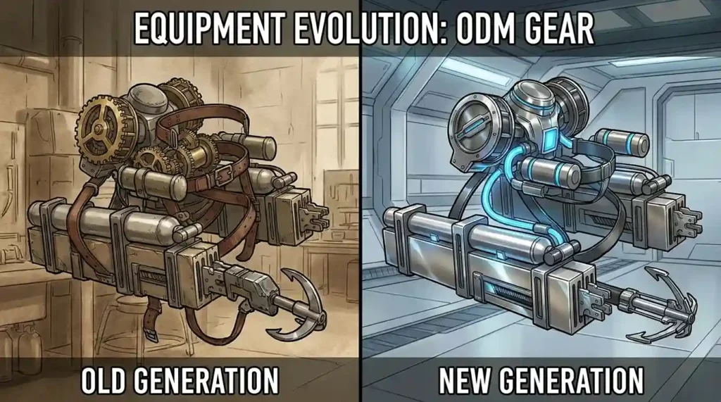 Comparison of old and modern ODM Gear designs showing technological improvements in Attack on Titan.
