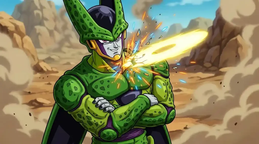 Perfect Cell effortlessly withstands Krillin's Destructo Disk attack in Dragon Ball Z.