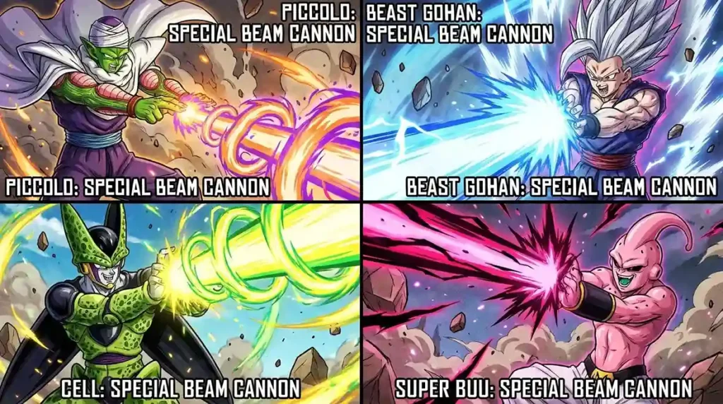 Multiple Dragon Ball characters using variations of the Special Beam Cannon attack.