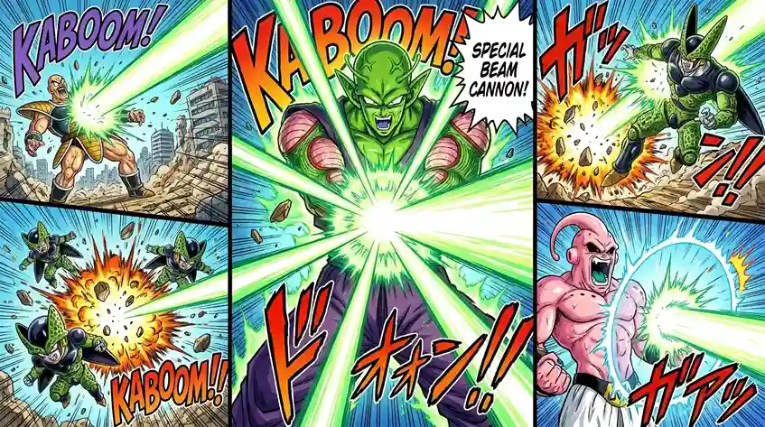 Piccolo using Special Beam Cannon in various Dragon Ball Z battles against powerful enemies.