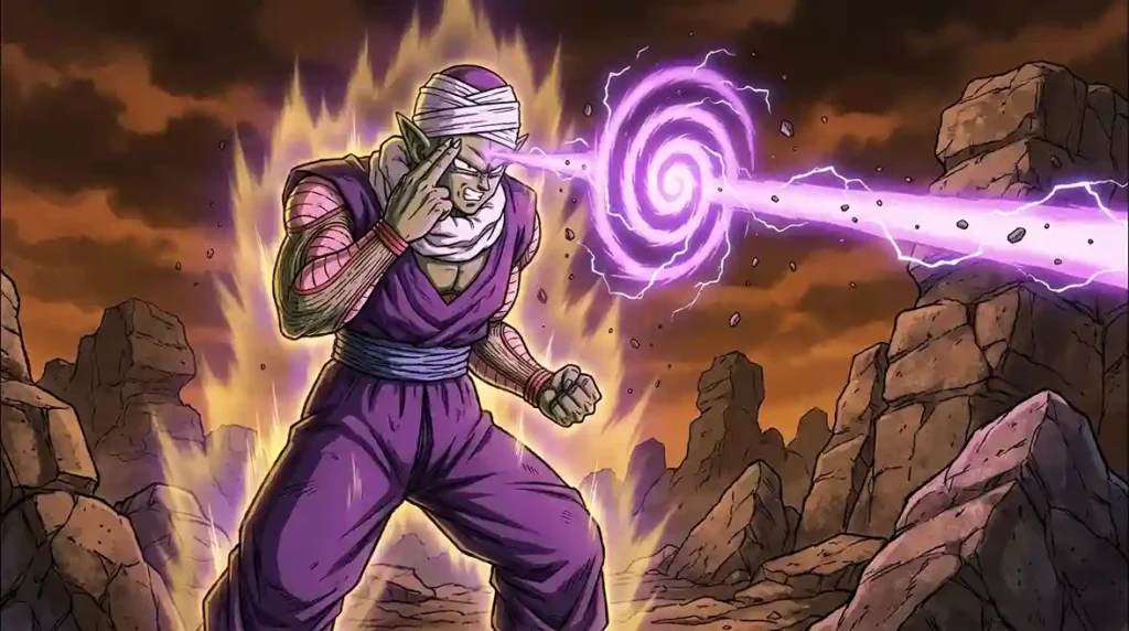 Piccolo charging the Special Beam Cannon attack with purple spiral energy in Dragon Ball Z.