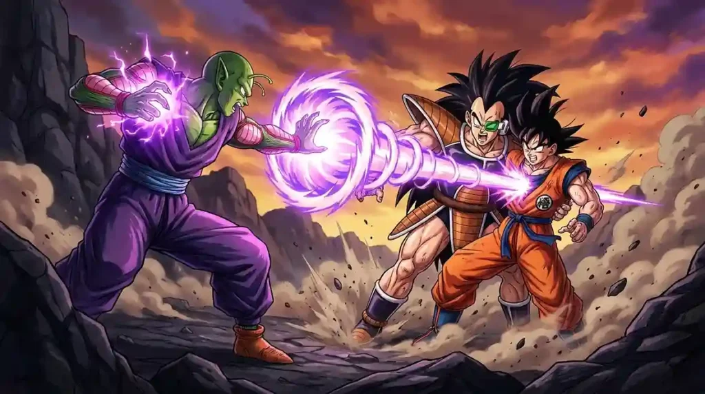 Piccolo's Special Beam Cannon piercing Raditz and Goku during their legendary battle.