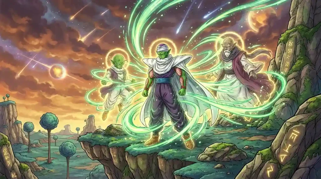 Piccolo absorbing Namekian allies to increase his power through Namekian fusion.