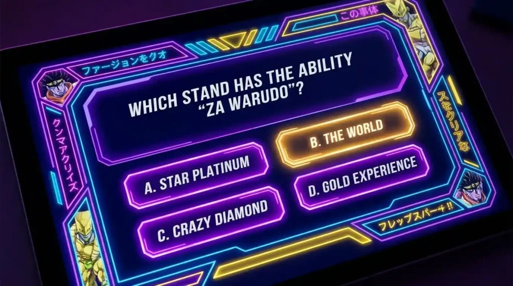 JoJo-inspired Stand User Quiz interface featuring anime questions and glowing multiple-choice answers.