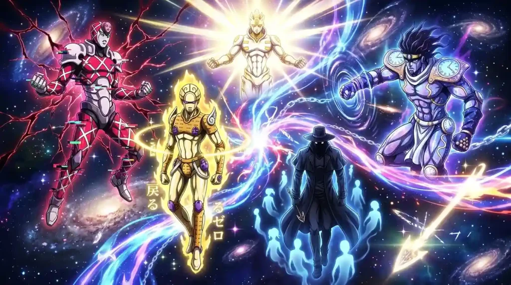 Multiple Requiem Stands demonstrating reality and time manipulation powers