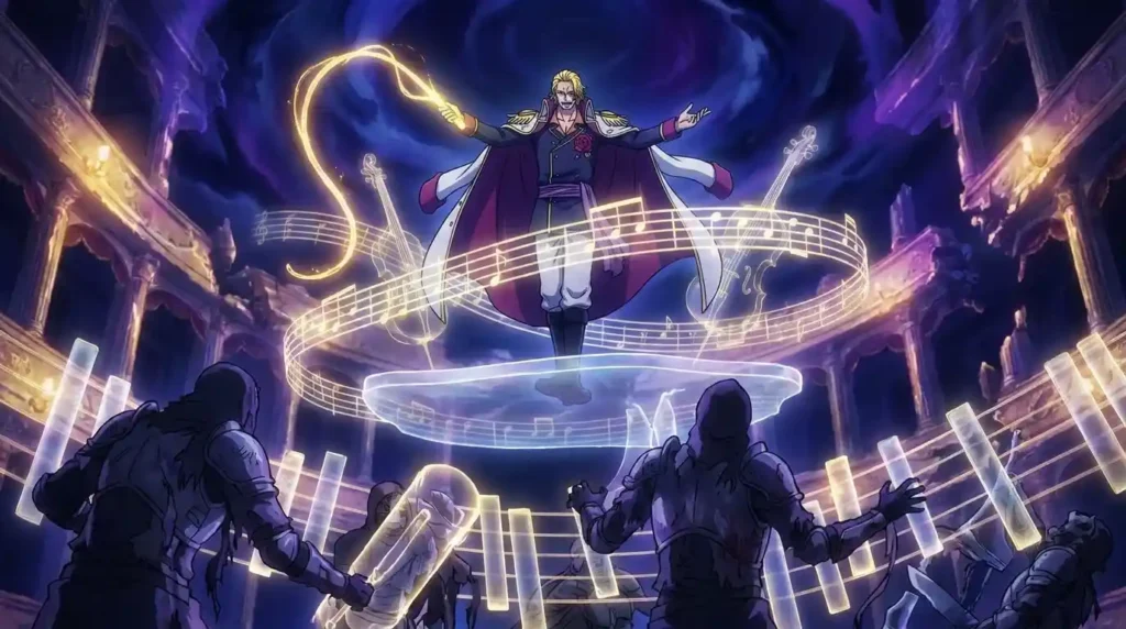 Rojuro Otoribashi using Kinshara to trap enemies inside powerful musical illusions