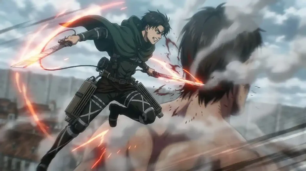 Attack on Titan soldier cutting a Titan's nape with dual Ultrahard steel blades.
