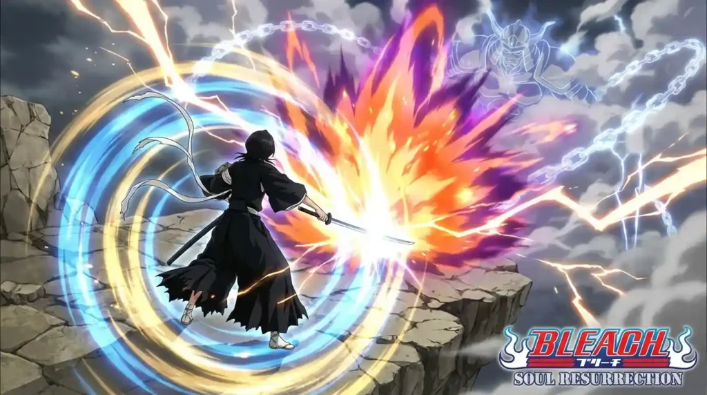 Soul Reaper activating Shikai and Bankai transformation with powerful spiritual energy release