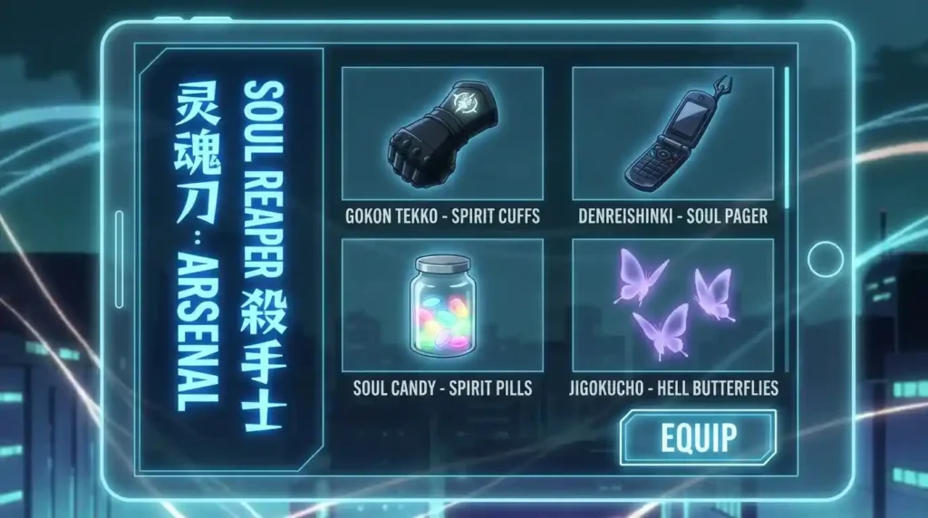 Soul Reaper equipment including Gokon Tekko, Denreishinki, Soul Candy, and Jigokucho
