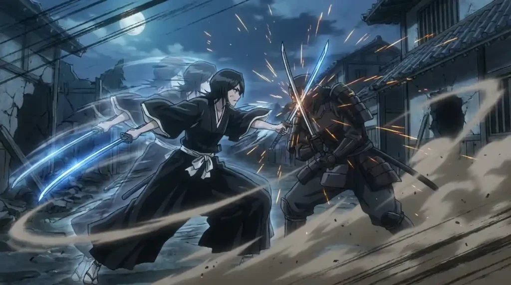 Soul Reaper using Shunpo flash step during high-speed sword combat in Bleach