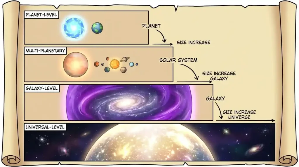 Spirit Bomb power scaling comparison from planet-level destruction to universal-level power.