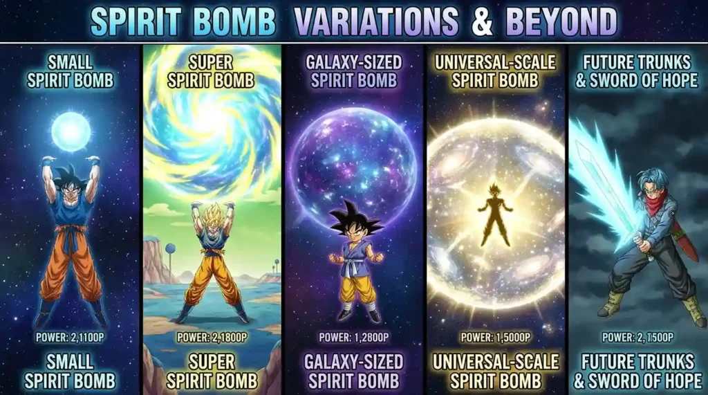 Comparison of different Spirit Bomb forms ranging from standard size to universal-scale versions.