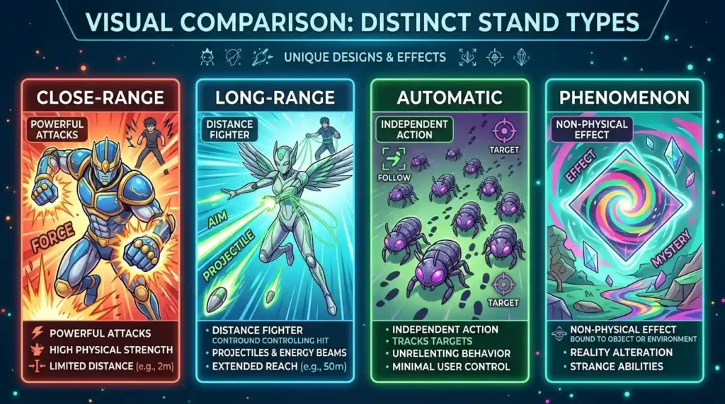 Comparison chart of close-range, long-range, automatic, and phenomenon Stands in JoJo.