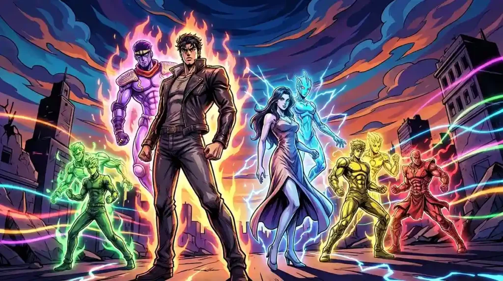 Multiple JoJo Stand users with glowing Stands representing unique powers, speed, and personality traits.