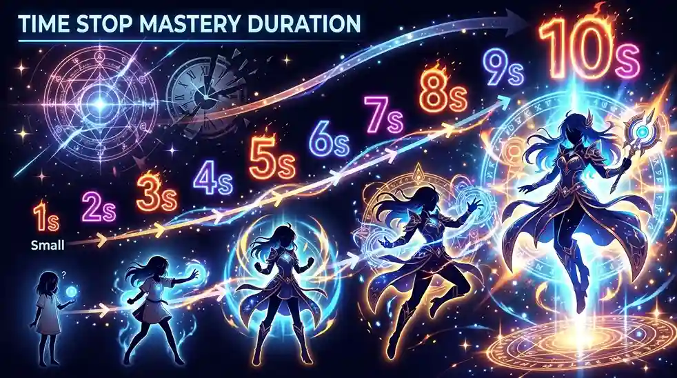 JoJo Time Stop duration chart showing progression from one to ten seconds.