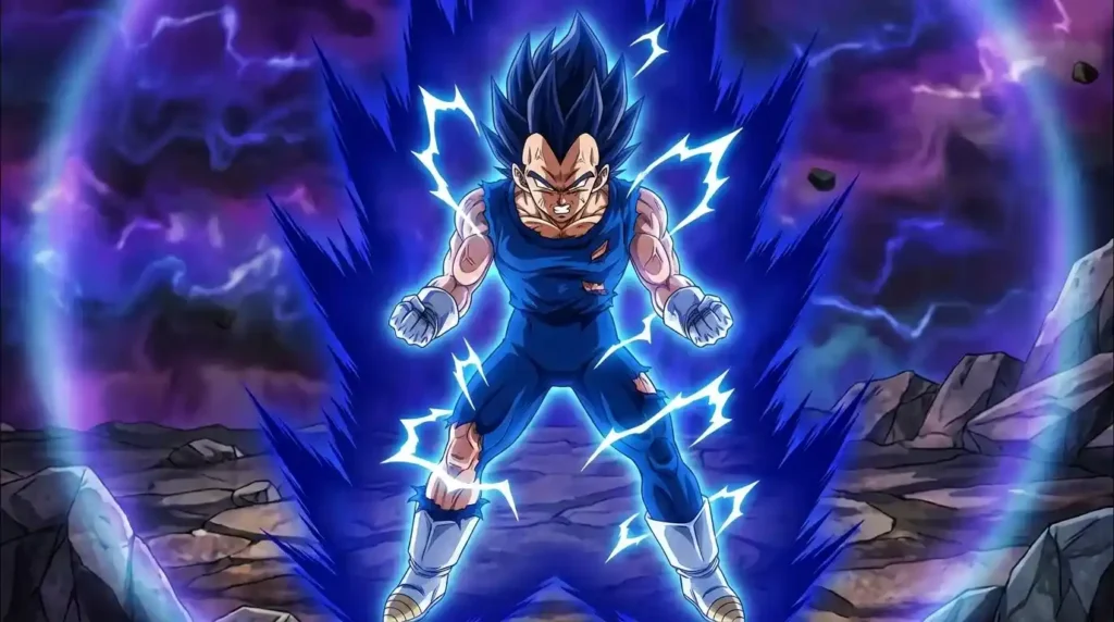 Vegeta Super Saiyan Blue Evolved transformation with darker aura and energy sparks