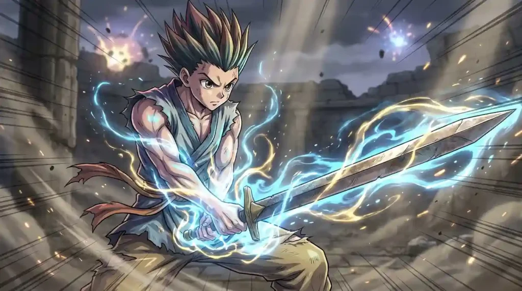 Enhancer Nen user infusing a sword with powerful aura using Shu technique