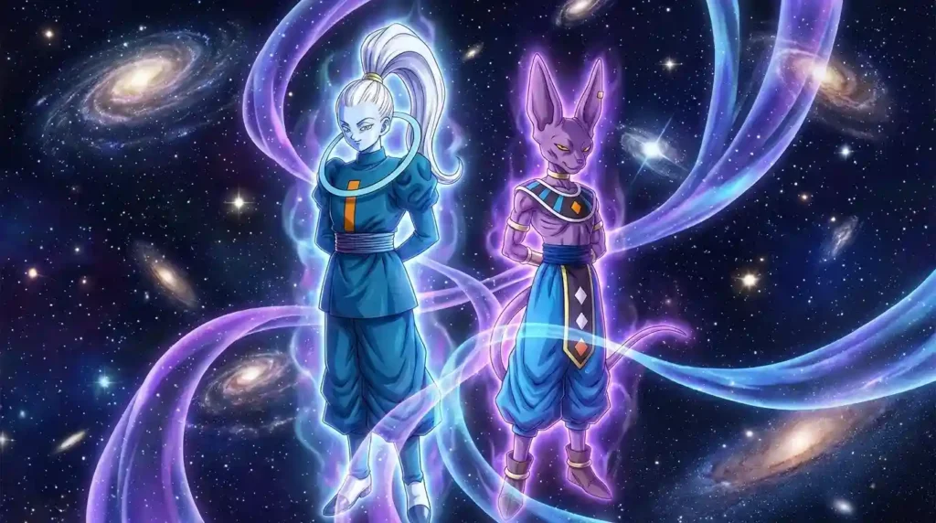 Whis and Beerus showcasing the calm and powerful nature of divine God Ki energy.