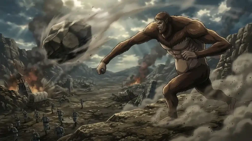 Beast Titan throwing a massive rock in battle