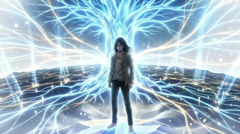 Eren Yeager in the Paths dimension connected to Eldians worldwide