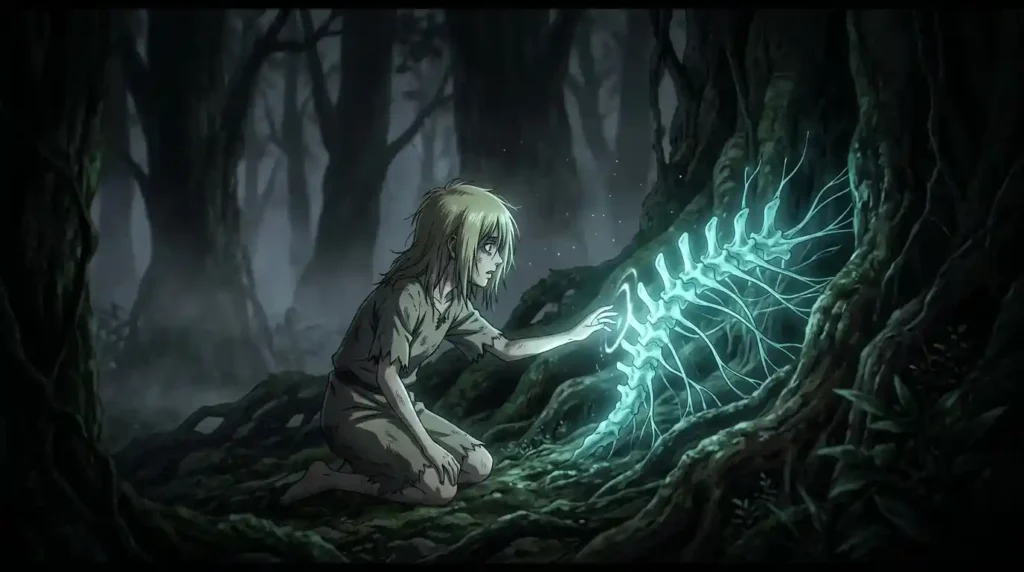 Ymir Fritz touching the spine creature that gave her Titan powers