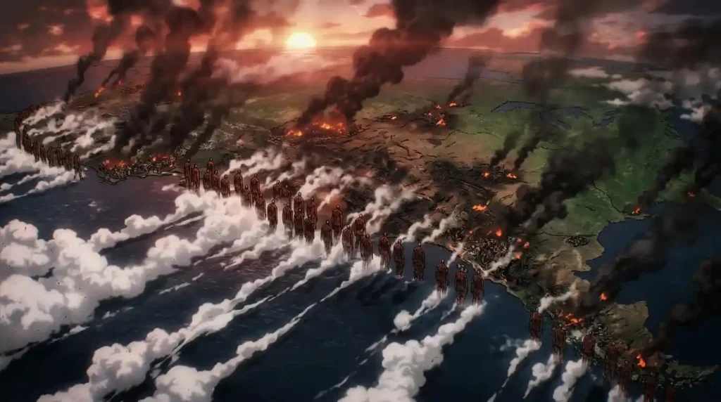 Colossal Titans destroying cities during the Rumbling