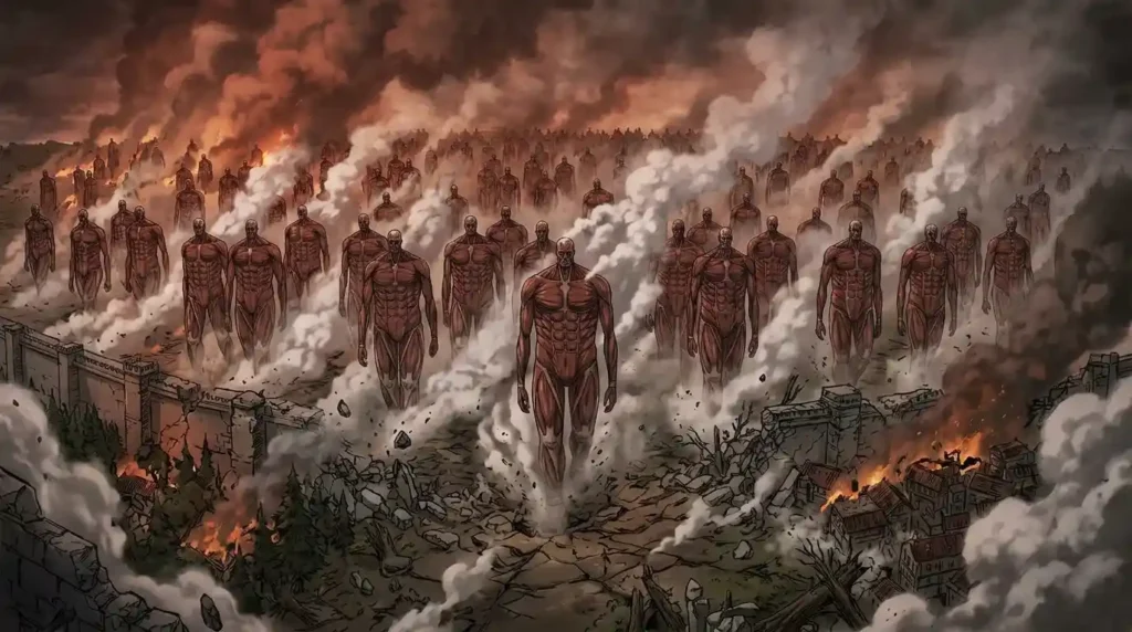 Colossal Titans marching during the Rumbling in Attack on Titan