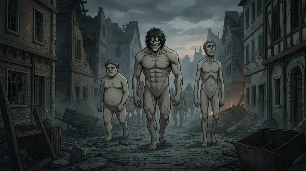 multiple Pure Titans walking through a ruined city