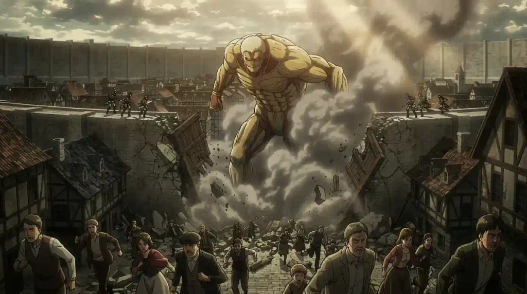 Armored Titan breaking through Wall Maria during the invasion
