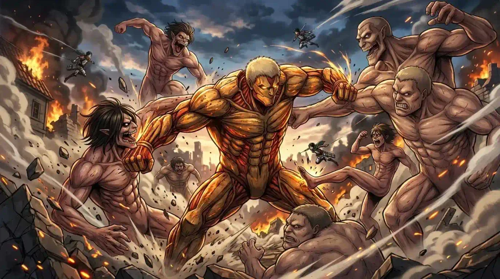 Armored Titan fighting multiple Titans on the battlefield