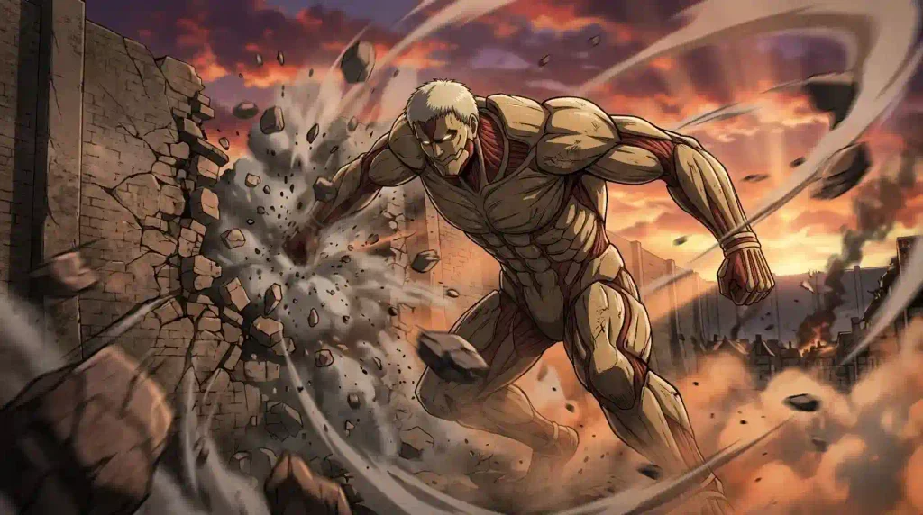 Armored Titan charging through a massive wall