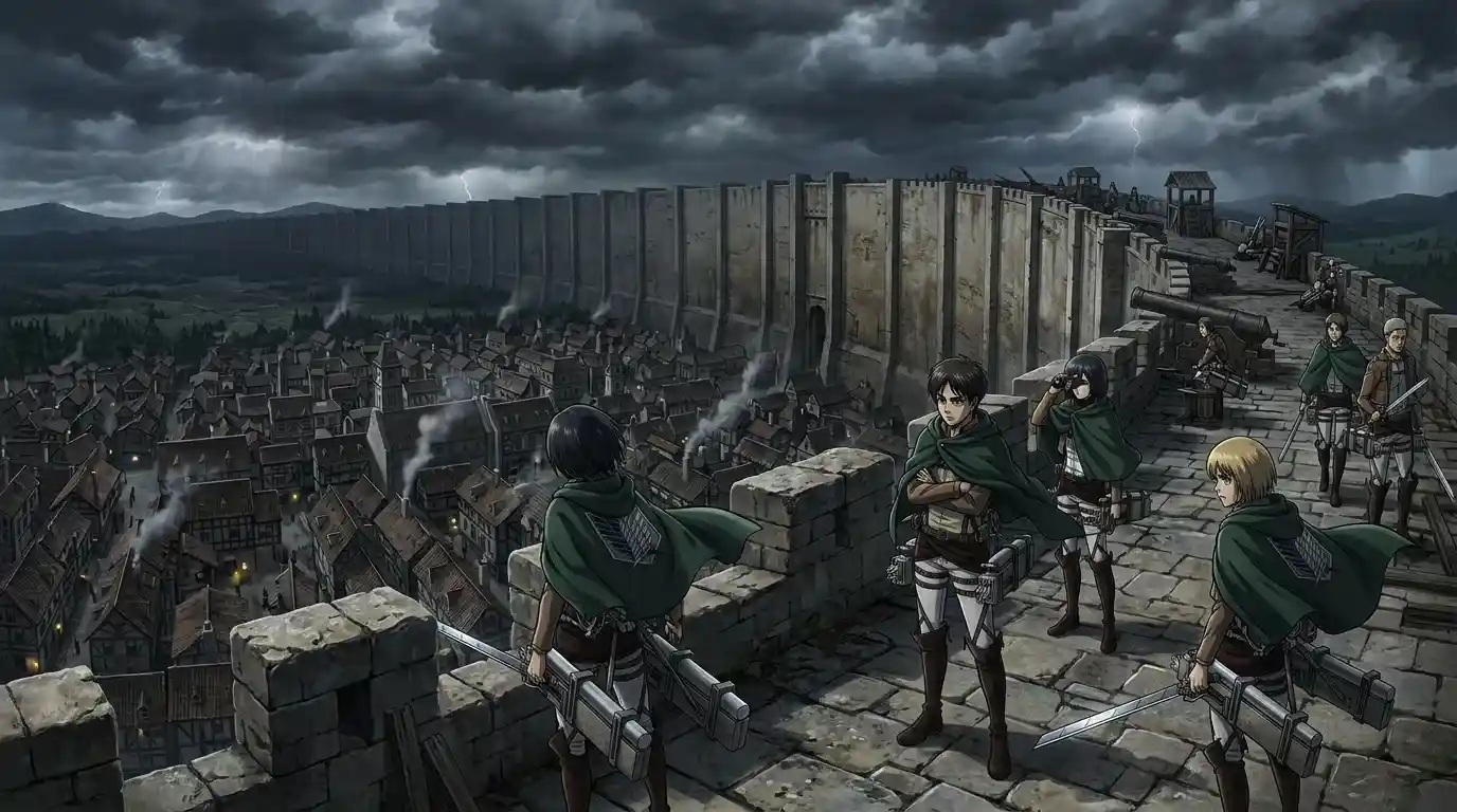 Attack on Titan world with Survey Corps soldiers standing on Wall Maria