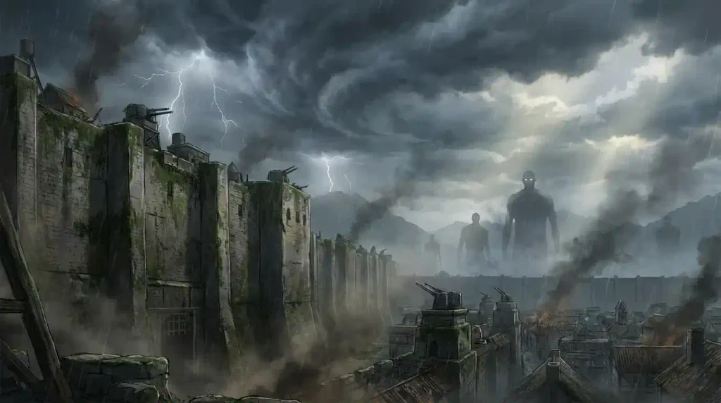 Attack on Titan world with massive walls and Titans in the distance