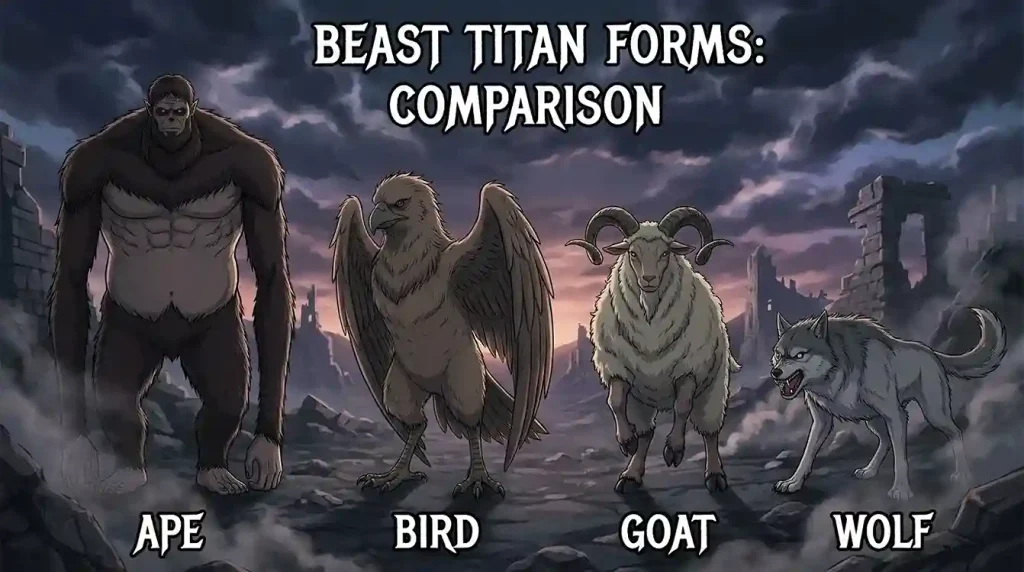Different Beast Titan animal forms including ape, bird, goat and wolf