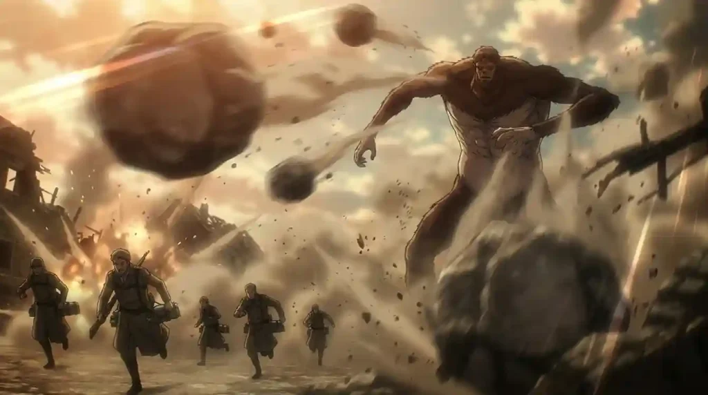 Beast Titan throwing massive rocks at soldiers from long range
