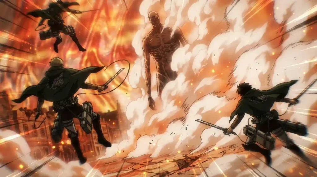Colossal Titan using intense steam to repel Survey Corps soldiers