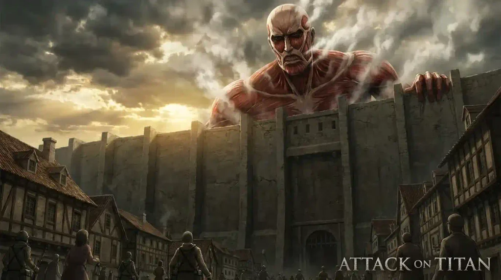 Colossal Titan towering over Wall Maria and Wall Rose