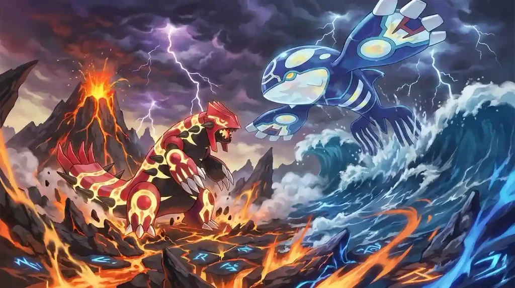 Primal Groudon and Primal Kyogre clashing with lava and ocean waves
