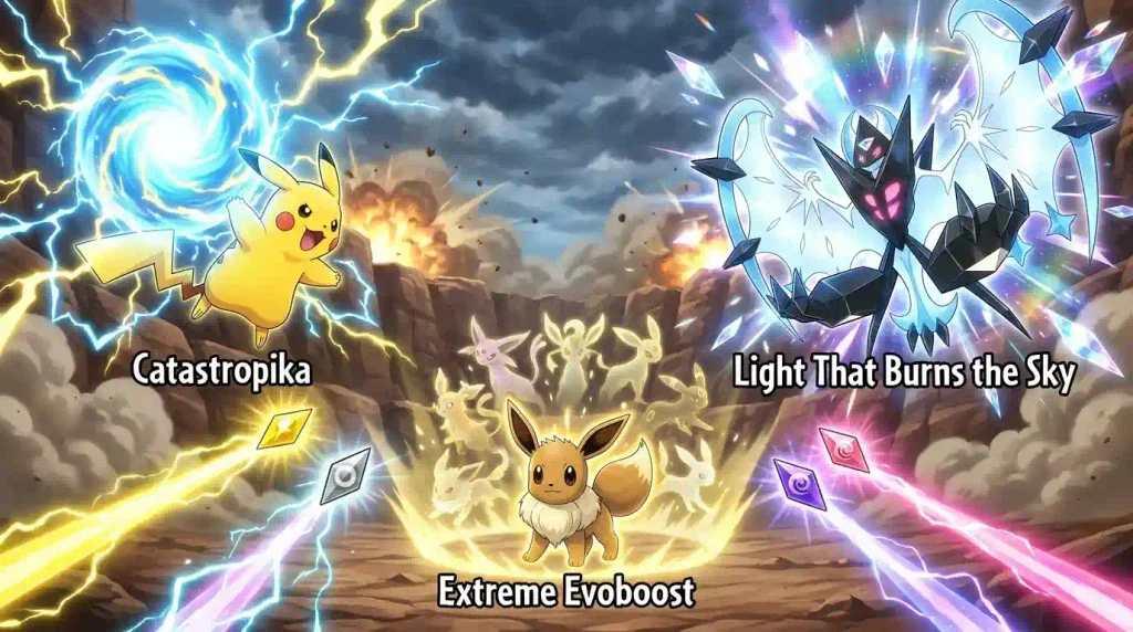 Pikachu Eevee and Necrozma using their exclusive Z-Moves