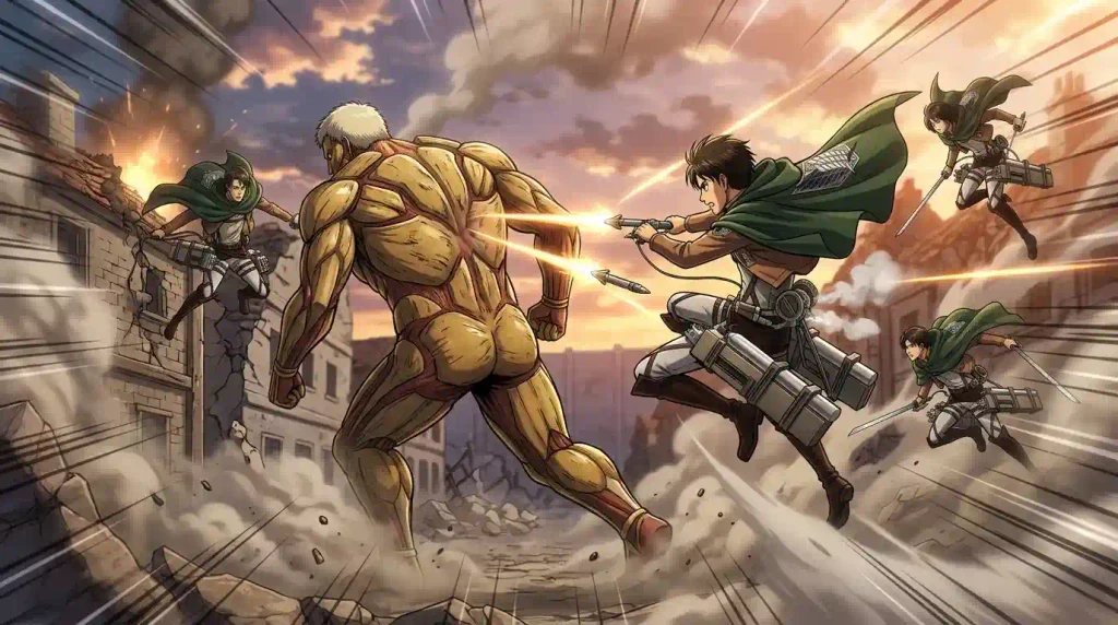 Soldiers using ODM gear and Thunder Spears against the Armored Titan