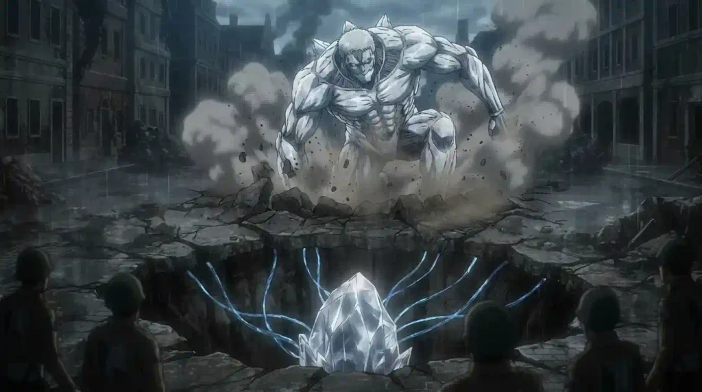 War Hammer Titan emerging from the ground with a crystal cocoon