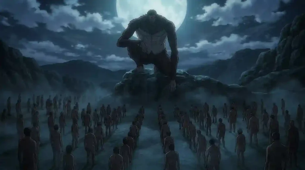 Beast Titan controlling a group of Pure Titans at night