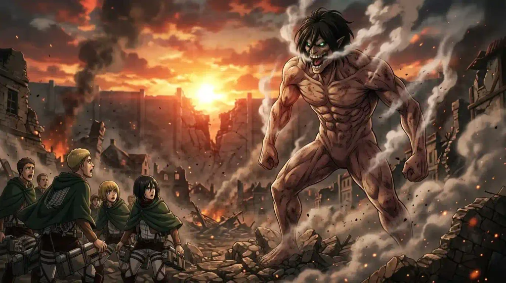 Attack Titan standing on a destroyed Shiganshina battlefield