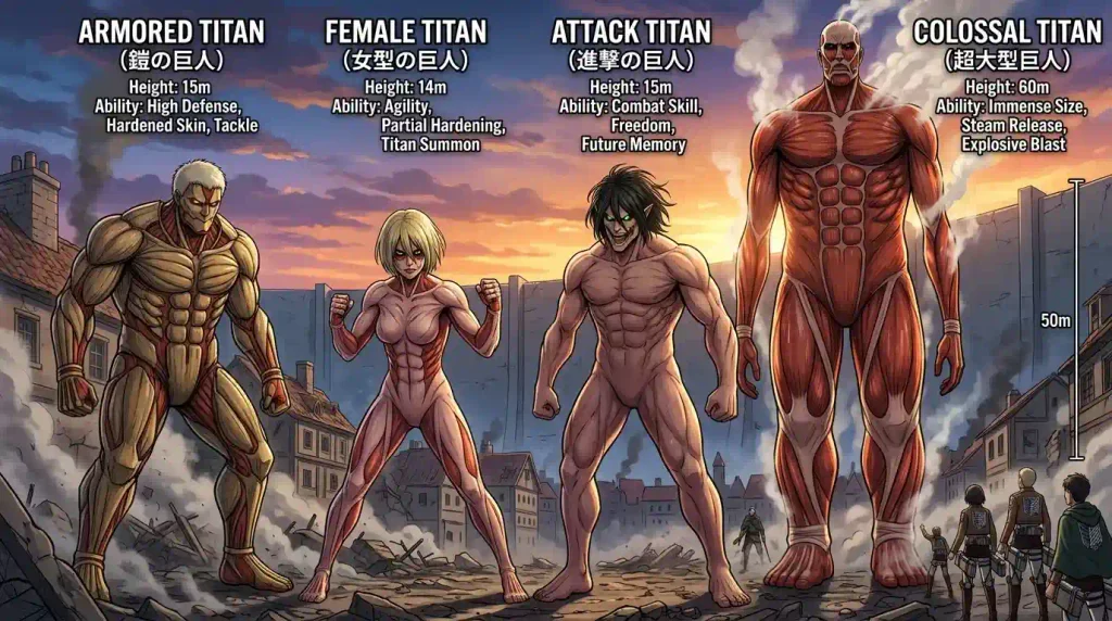 Armored Titan compared with Colossal, Female, and Attack Titans