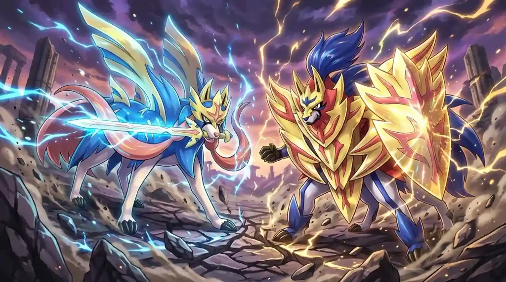 Zacian Crowned Sword and Zamazenta Crowned Shield in battle
