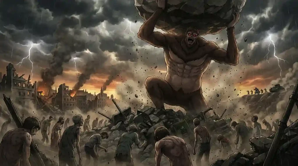 Beast Titan using its throwing power while controlling Pure Titans