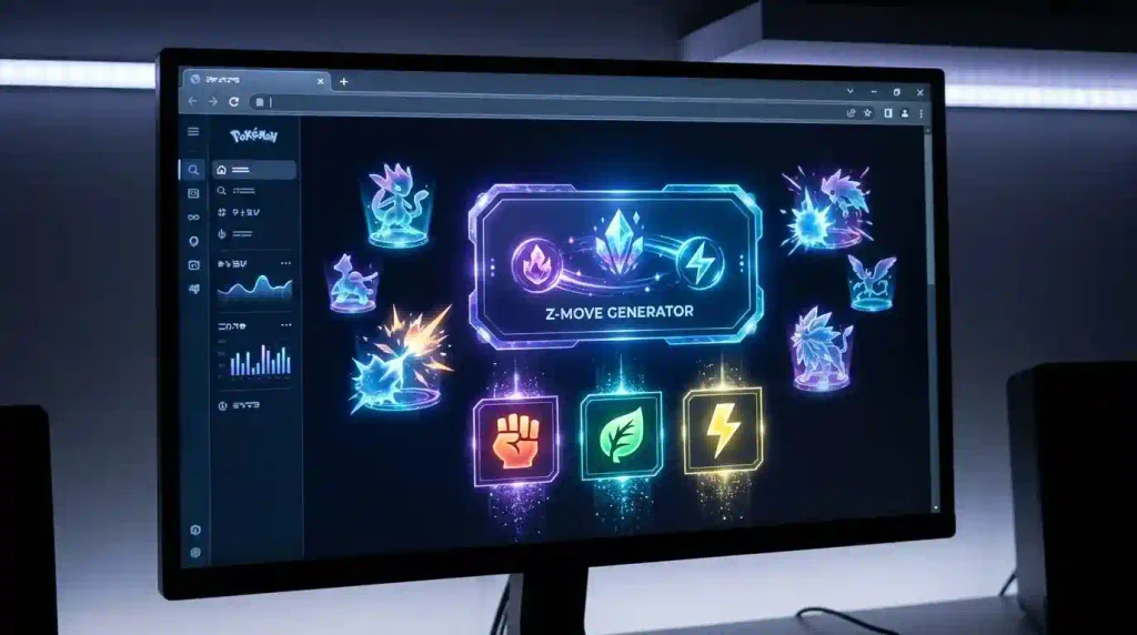 Pokémon Z-Move Generator interface showing random Z-Move combinations