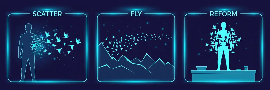 Infographic: the three moves of avian teleportation, scatter, fly, reform